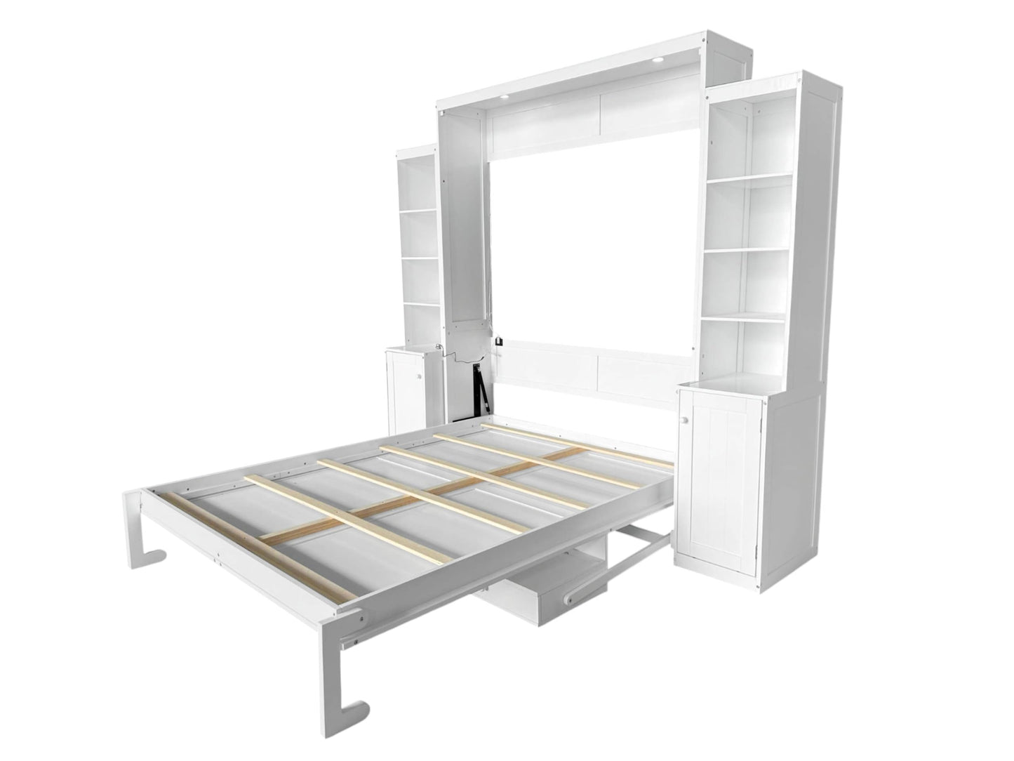 PVWIIK Queen Size Murphy Bed with Desk & Storage Cabinet,Shelf,Wall Bed Frame Folding into Cabinet Design w/Multifunctional Bed Frame for Small Space,Bedroom,Guest Room,White