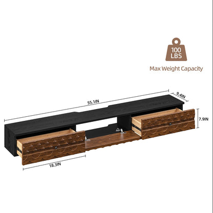 FurniNova Fully Assembled Floating TV Stand, 55 inch Wall Mounted Media Console with Carved Solid Wood Doors & 2 Drawers, Plywood Entertainment Center for Living Room, Black & Walnut