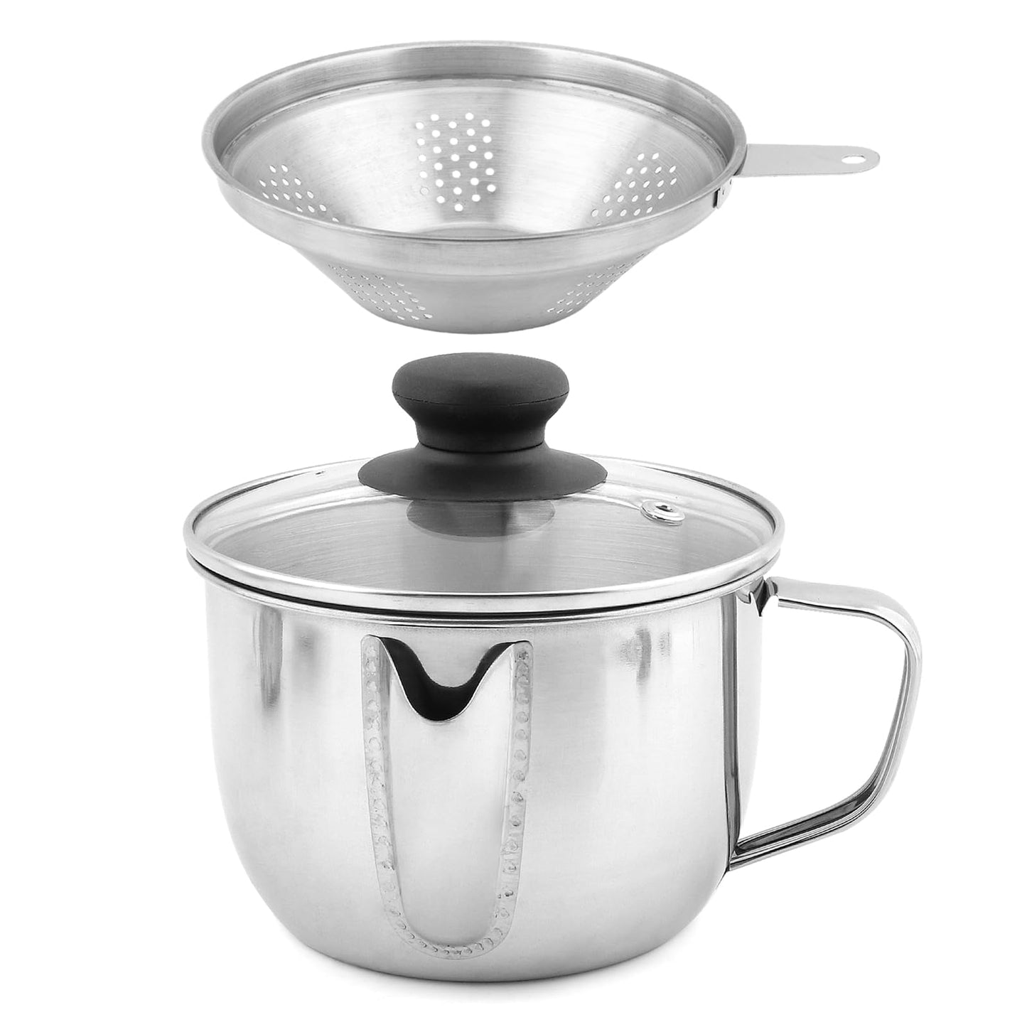 Stainless Steel Fat Separator with Strainer & Glass Lid, 1000ml Gravy Grease Separator for Soup, Stew, and Sauces,Two-Way Outlet, Multi-Use Kitchen Essential
