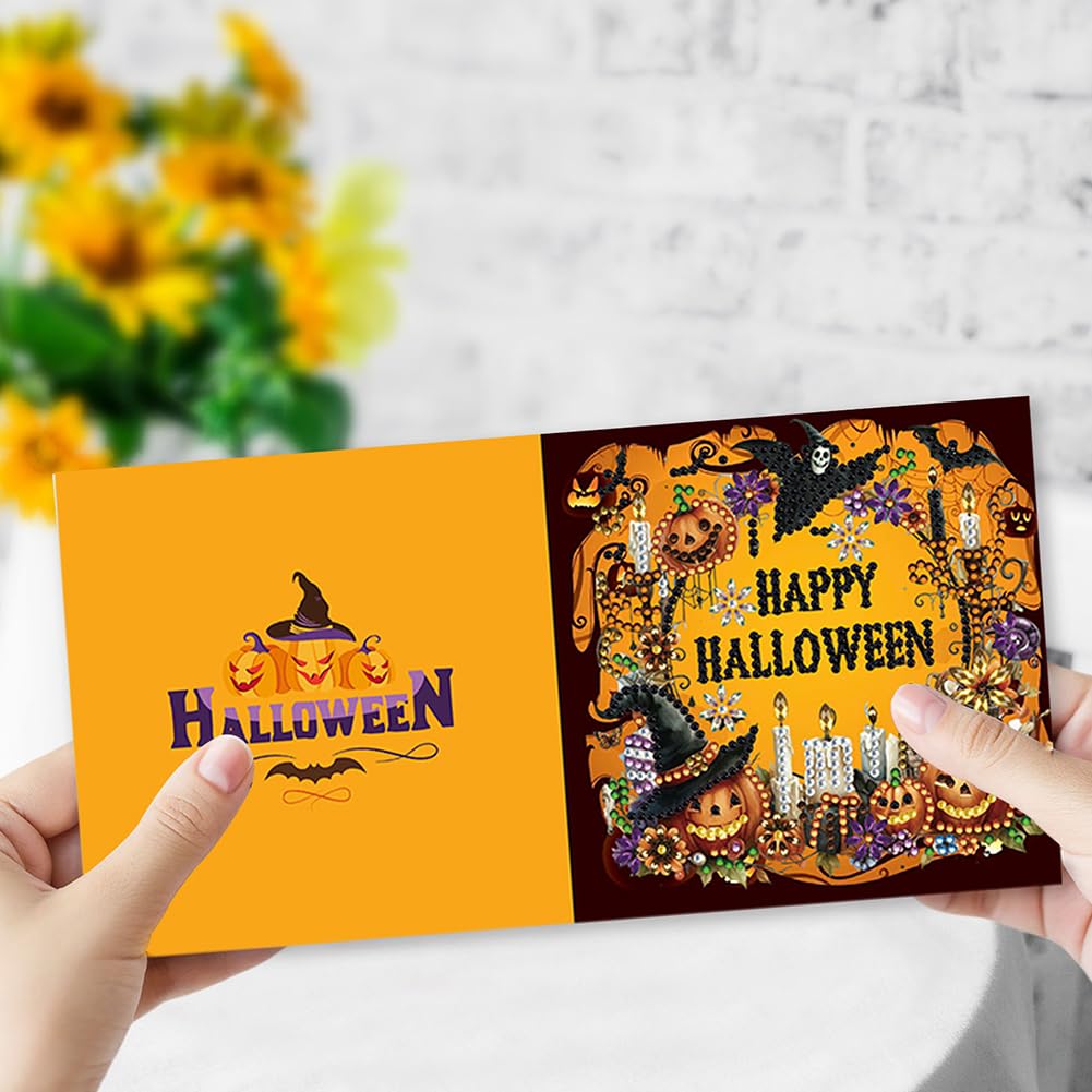 5D DIY Diamond Painting Greeting Card Kit, Diamond Art Halloween Pumpkin Gnome Holiday Greeting Card, Art Crafts Kit Creative Gift with Envelope (5pcs-Black)