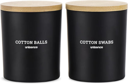 Skiennix Glass Qtip Holder Set - 2 Pack Bathroom Organizer with Lid for Cotton Swabs & Makeup | Black