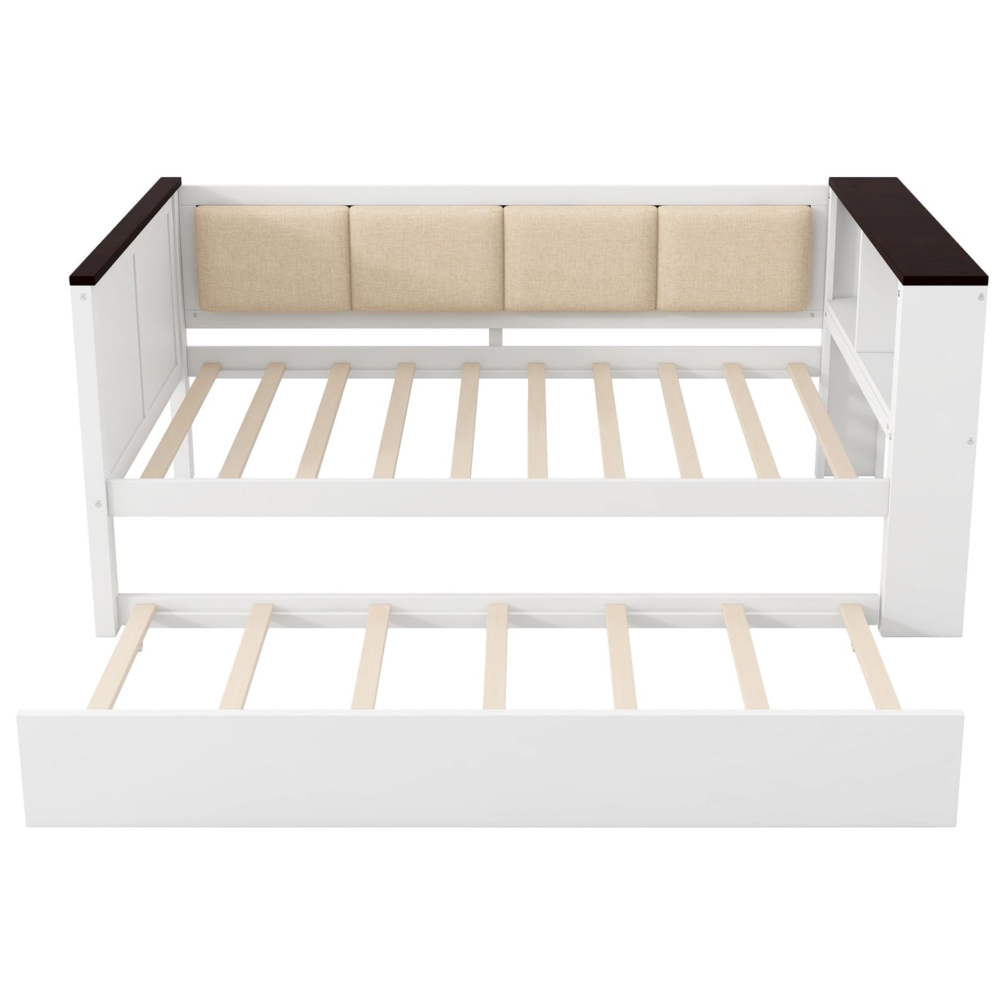 Merax Twin Size Wood Daybed with Storage Shelves, Platform Bed Frame Upholstered Backrest, USB and Trundle, Easy Assembly, White
