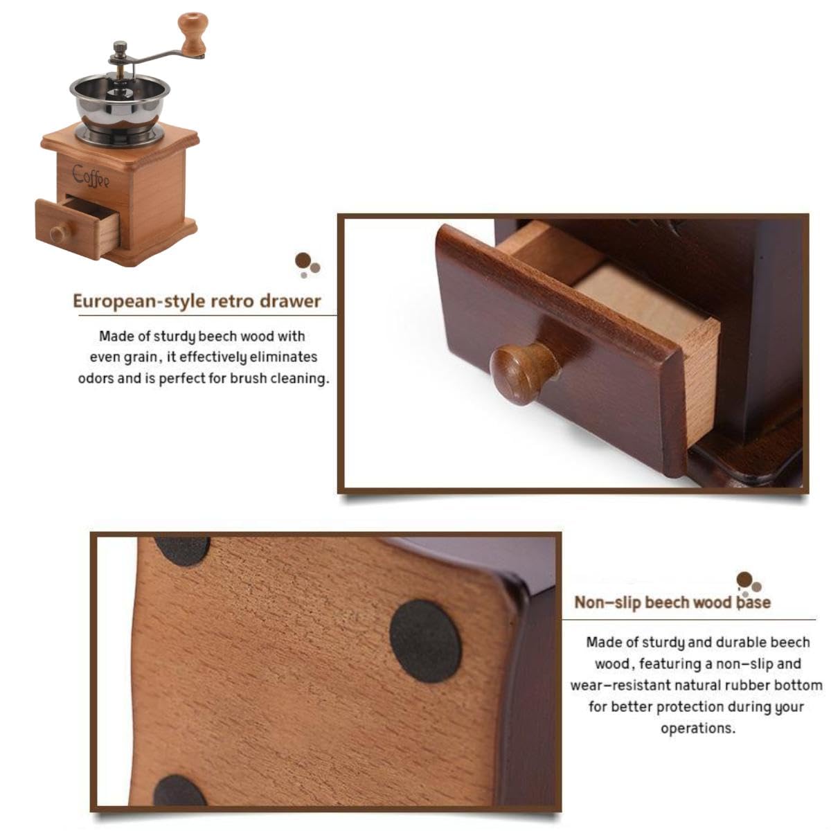 Eitonbu Wooden Manual Coffee Grinder Vintage Style Hand Coffee Mill Burr Coffee Grinder with Ceramic Hand Crank,Wooden Manual Coffee Grinder Cleaning Brush (Light Brown)