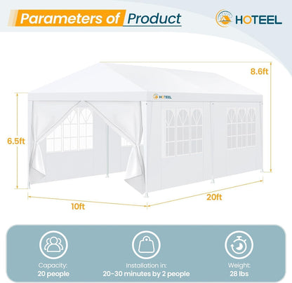 HOTEEL 10x20FT Party Tent with 6 Removable Sidewalls for Parties, Waterproof Carpas para Fiestas, Weddings, BBQ, Outdoor Large Event Canopy, Patio Camping Gazebo, White
