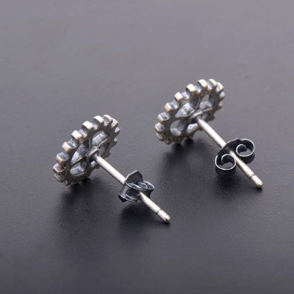 925 Sterling Silver 9MM Steampunk Gear Earrings Studs, Antiqued Finish
