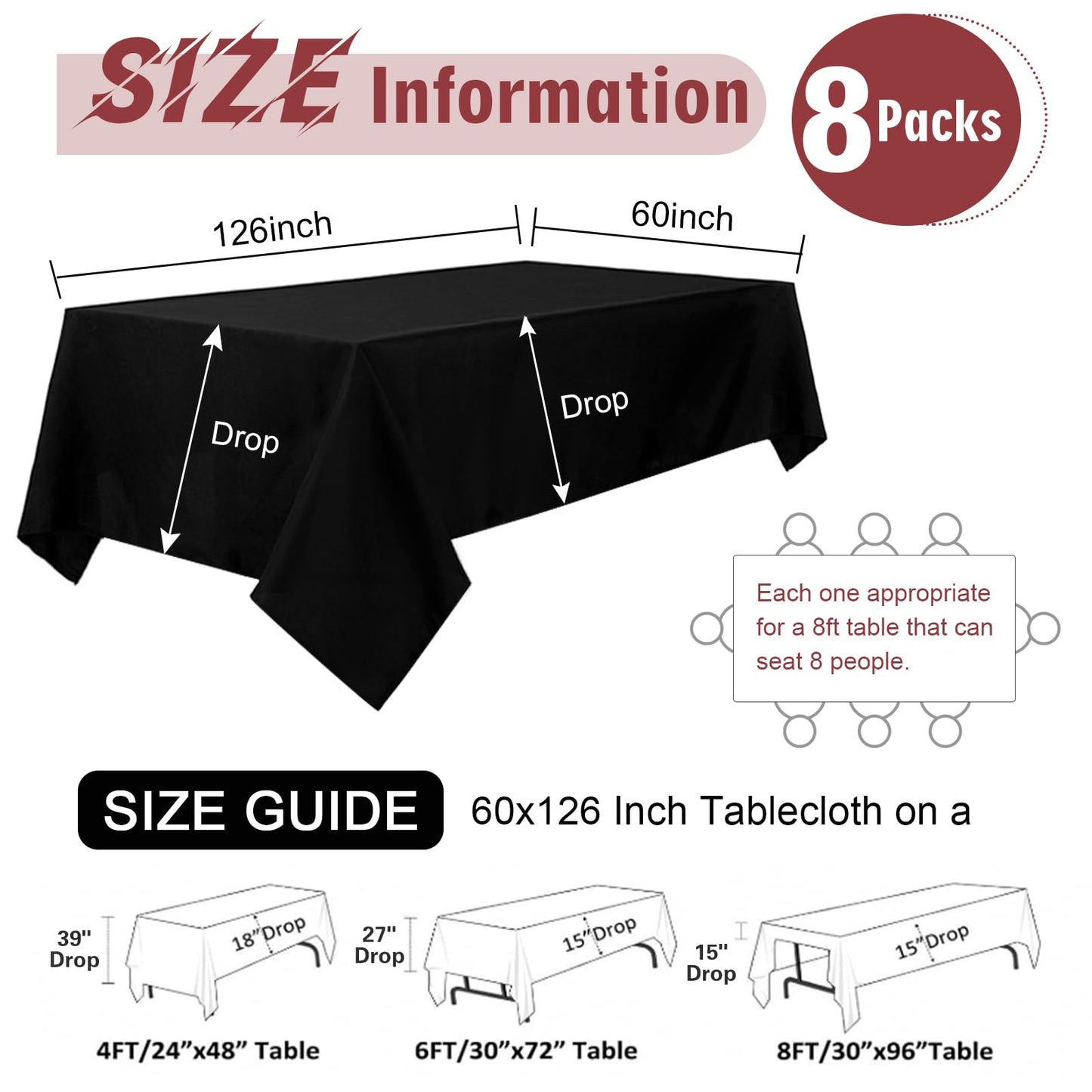 Mclisle 8 Pack Black Tablecloths 60 x 126 Inch Table Cloths for 8 Foot Rectangle Tables, Wrinkle Resistant Washable Polyester Fabric Rectangular Tablecloth for Buffet, Wedding, Party, Banquet