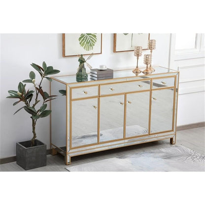 Pemberly Row Modern 60" Metal and MDF Mirrored Credenza, Gold Finish, 4 Doors, 3 Shelves, Rectangle Shape, Soft Closing Hand-Painted Storage Cabinet for Living Room, Dining Room, or Entryway Use