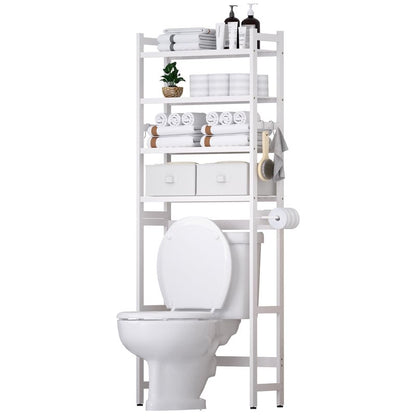 Cozivolife Over The Toilet Storage: 4-Tier Bamboo Organizer Rack with 2 Baskets & Paper Holder & 4 Hooks & Waterproof Feet Pad, Adjustable Freestanding Shelf for Bathroom (White)
