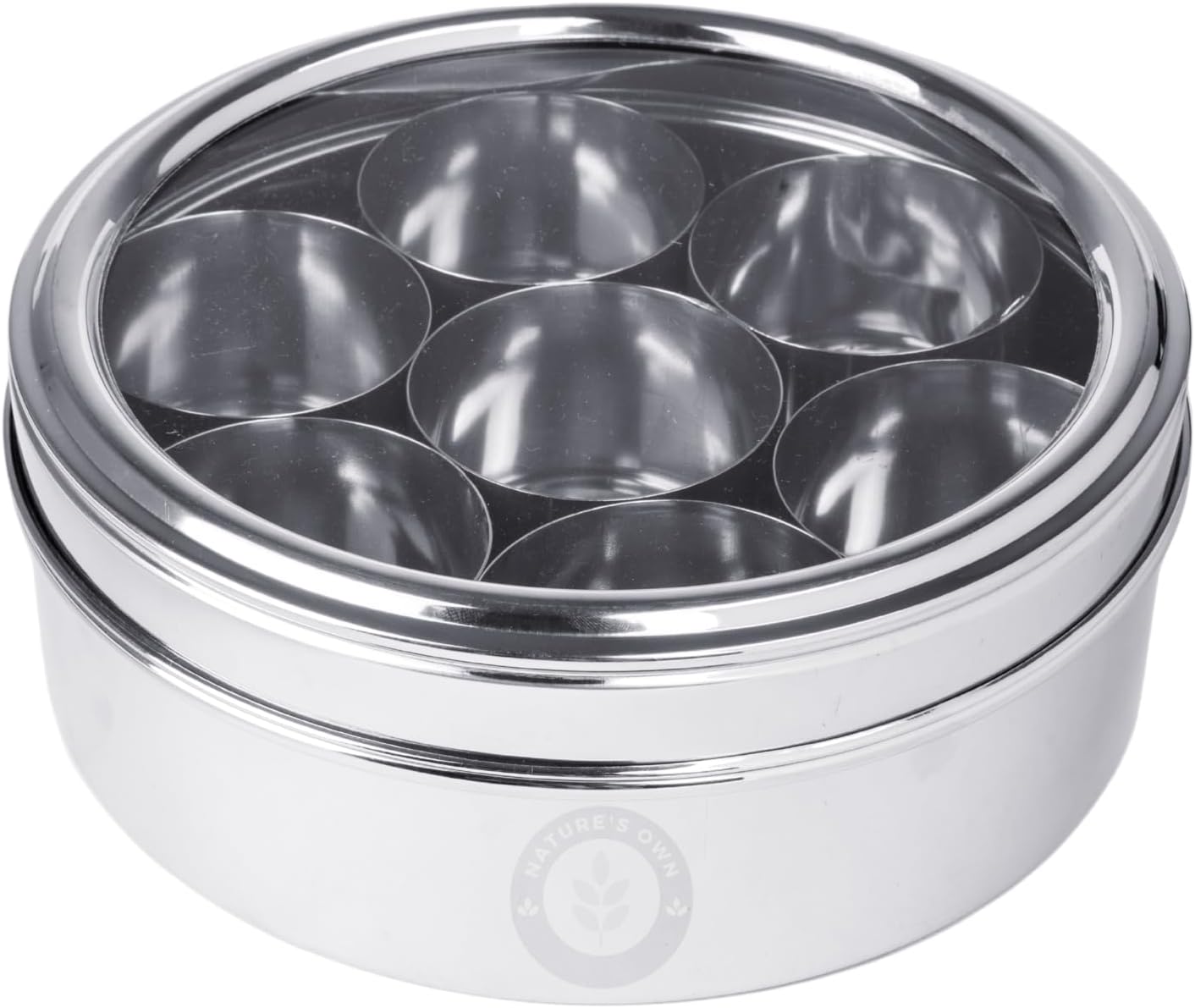 Nature's Own Stainless Steel Spice Box with Non-Breakable Transparent Glass, 7 Containers and 1 Spoon, Spice Box (22CM)