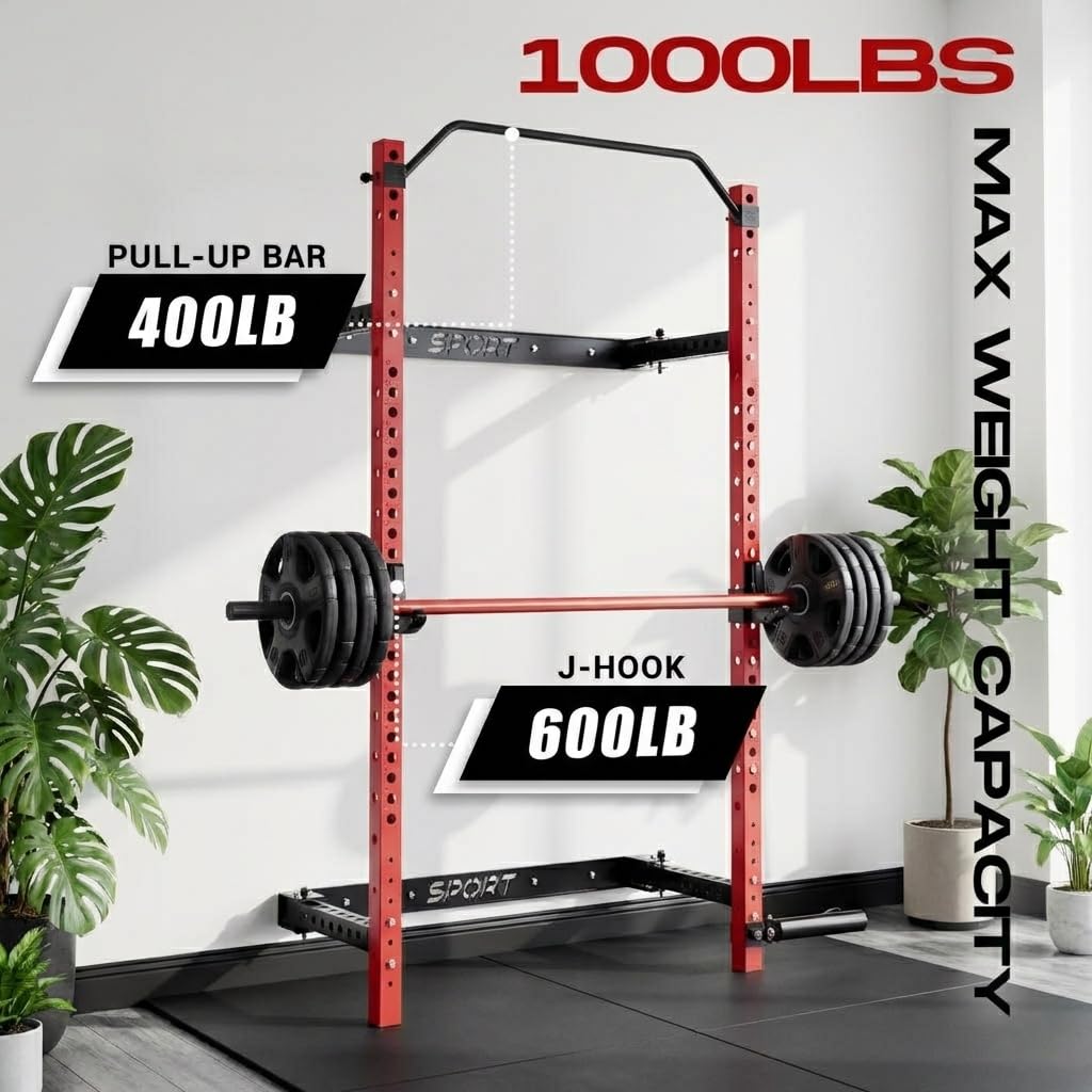 Folding Squat Rack for Home Gym – 1000 LBS Capacity Wall Mounted Power Rack with Pull-Up Bar, j-Hooks & Landmine | 2.36" x 2.36" Heavy-Duty Steel, Space-Saving Foldable Squat Cage for Home Garage