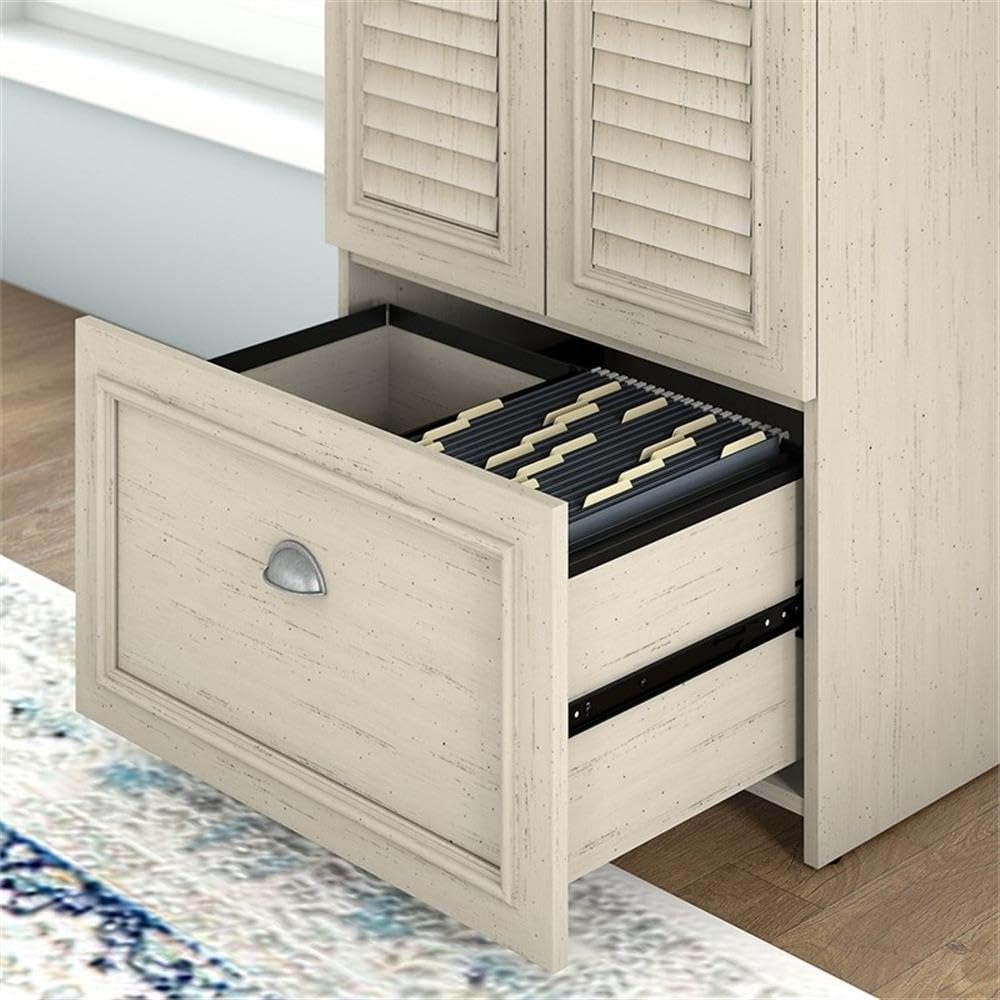 Bush Furniture Fairview 2 Door Storage Cabinet with File Drawer in Antique White and Tea Maple
