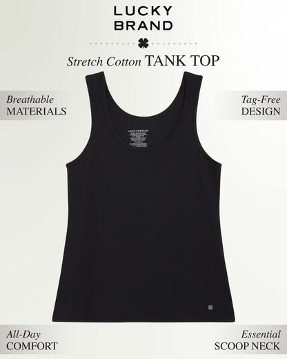Lucky Brand Women's Tank Top - 4 Pack Stretch Cotton Scoop Neck Sleeveless T-Shirt (S-XL), Size Medium, Black/Grey/Black/White