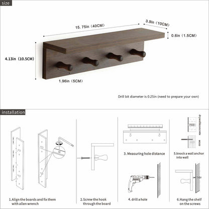 XAOMLP Entrance Coat Rack ，Coat Hooks, Wall-Mounted Wooden Hook Rack, Wall-Mounted Shelves are Very Suitable (Walnut Color Finish—A-1)