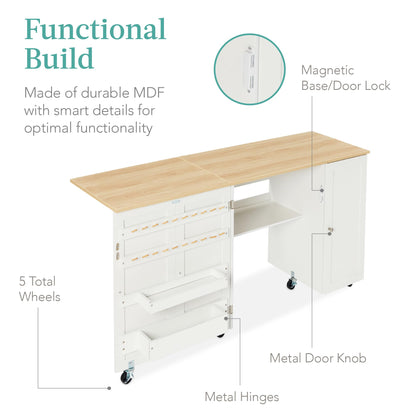 Best Choice Products Large Folding Sewing Table, Multipurpose Portable Craft Station & Side Desk w/Compact Design, Caster Wheels, Storage Shelves, 2 Storage Trays, Magnetic Doors - Natural/White