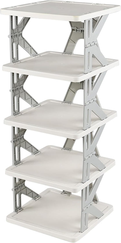 Eagrye 5 Closet, Tier Vertical Narrow Shoe Storage Organizer for Saving Space, Gray Plastic Small Collapsible Shoe Rack