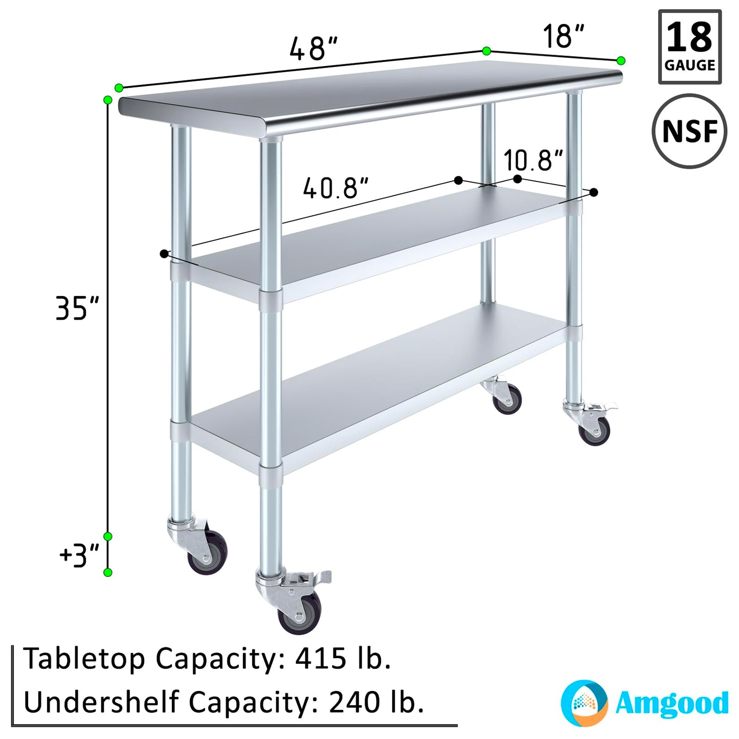 AmGood Stainless Steel Work Table with 2 Shelves and Casters | Metal Utility Table On Wheels (Stainless Steel Work Table with 2 Shelves + Casters, 48" Long x 18" Deep)