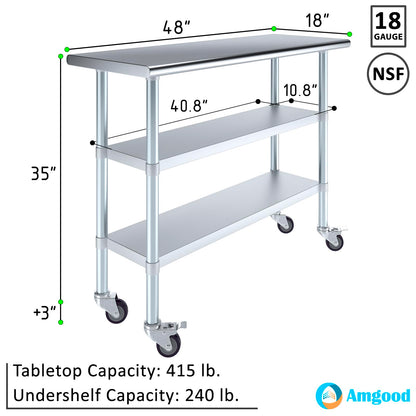 AmGood Stainless Steel Work Table with 2 Shelves with Casters | Metal Utility Table | Commercial & Residential NSF Utility Table (Stainless Steel Table with 2 Shelves, 48'' Long x 18'' Deep)