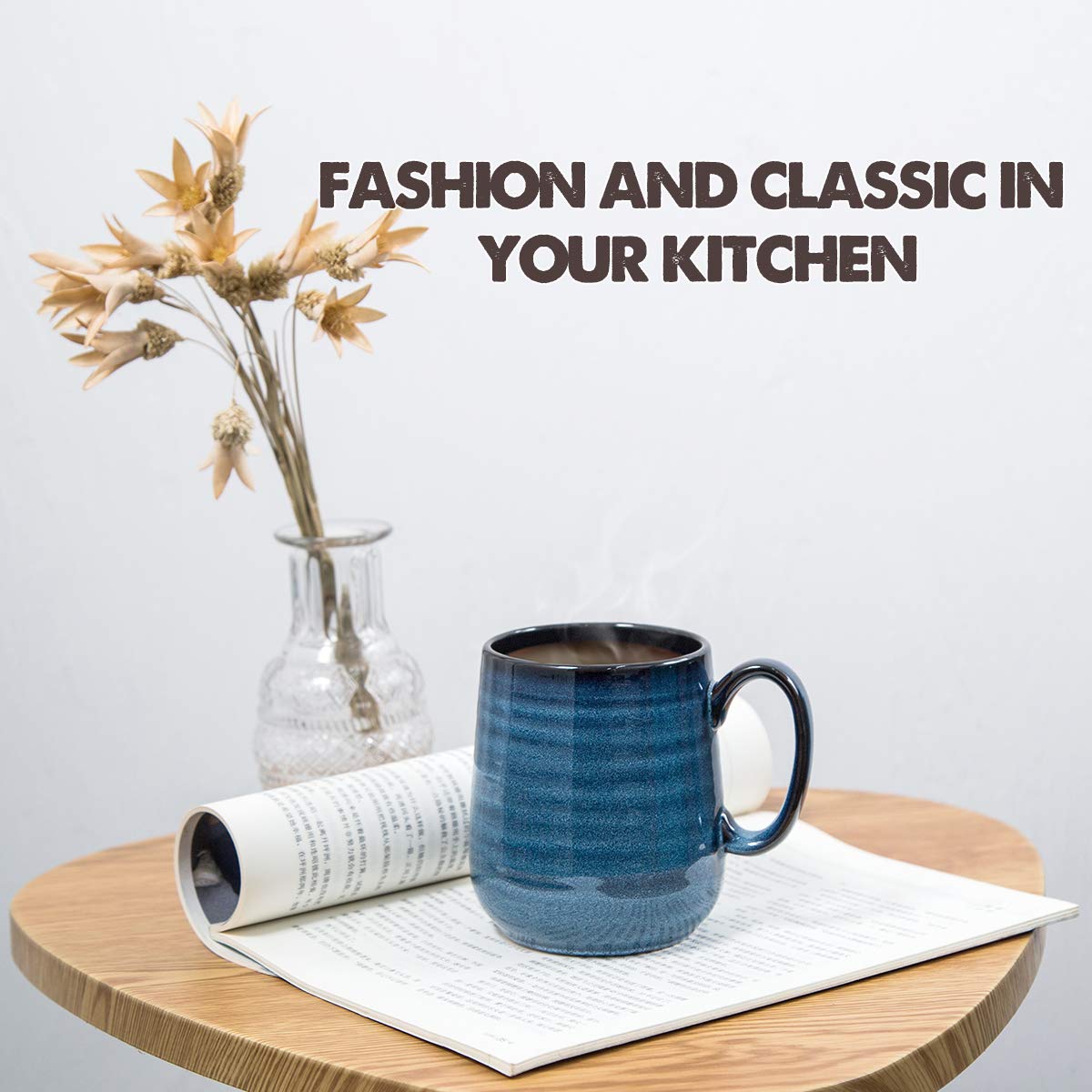 HASENSE Coffee Mugs Set of 4, 15 Ounce Porcelain Mug Set with Handle for Morning Coffee Tea and Cocoa, Ceramic Coffee Cups with Beautiful Glaze for Men, Women, Navy