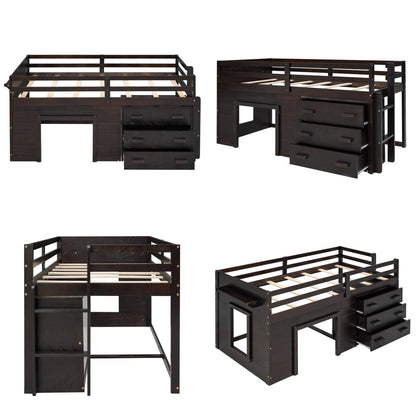 Merax Twin Size Loft Bed, Wood Bedframe for Kids Teens Adults Bedroom with Cabinet, Shelf, Stairs, Espresso