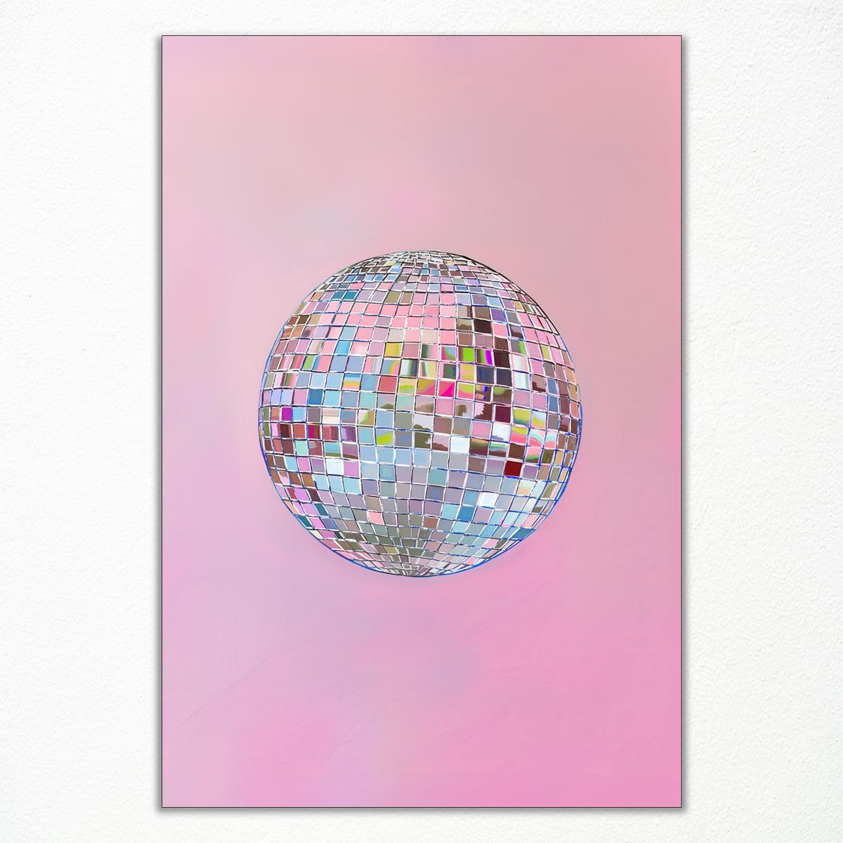 xbsifyiooa 16x24in Silver Disco Ball Canvas Wall Art, Bright Pastel Pink Girly Poster, Trendy Dopamine Mirrorball Wall