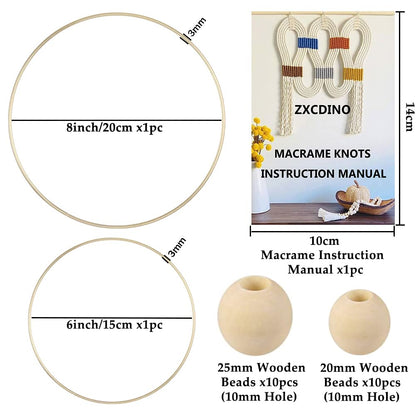 ZXCDINO 87pcs Macrame Kits for Beginners 3mm x 220yards Natural Cotton Macrame Cord Wall Hanging Kit, Macrame Supplies Best for Macrame Plant Hanger with Wooden Beads,Wooden Rings