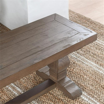 MAKLAINE 66" Transitional Reclaimed Pine Wood Bench, Weathered Brown Finish, Hand-Carved Pedestal Base, Rustic Style Seating for Kitchen or Dining Room, Seats Up to 3