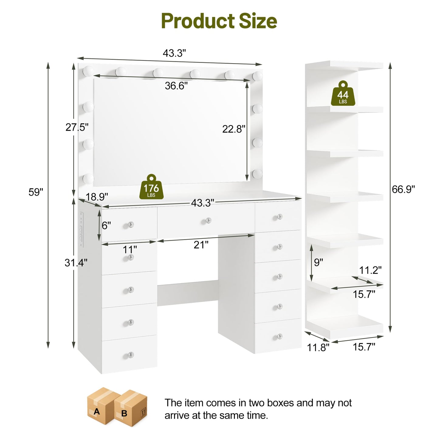 Merax White Makeup Vanity Desk with Large Mirror and 7-Tier Storage Shelves, Modern Dressing Table& 12 Hollywood Bulbs, Power Outlet and 11 Drawers, 3 Color Lighting Modes