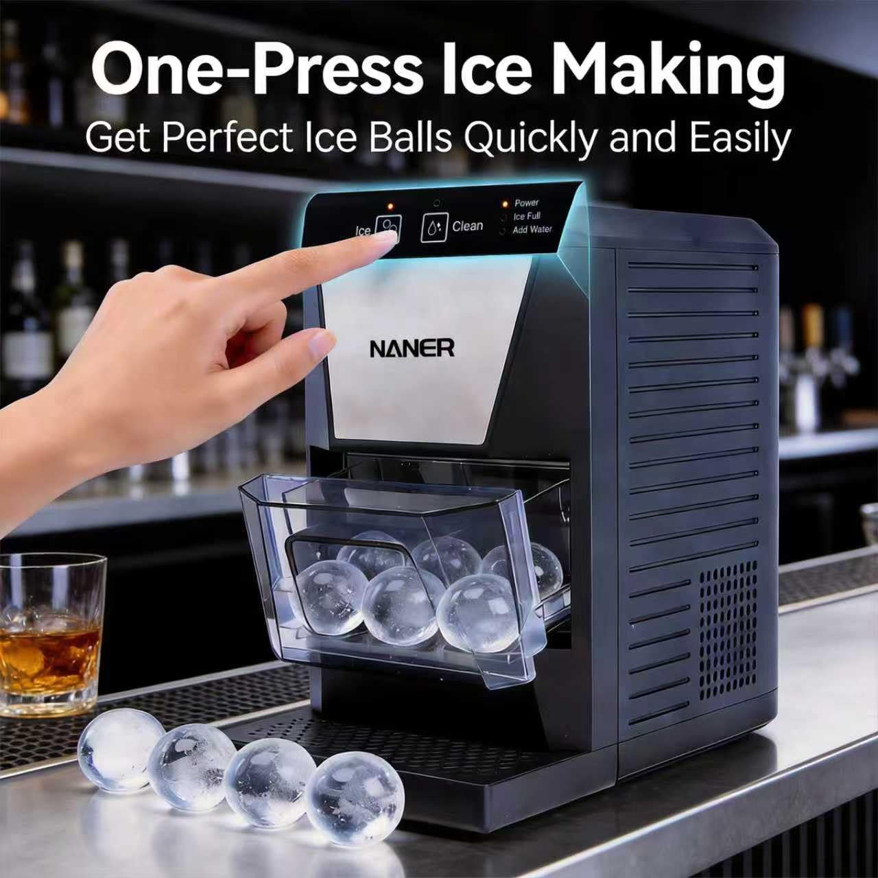 Naner 2" Clear Ice Ball Maker with IcyGem Technology,2 pcs in 50 Mins,60 pcs/Day,Sphere Ice Maker,Self-Cleaning,with Ice Tong for Bar Whiskey & Bourbon