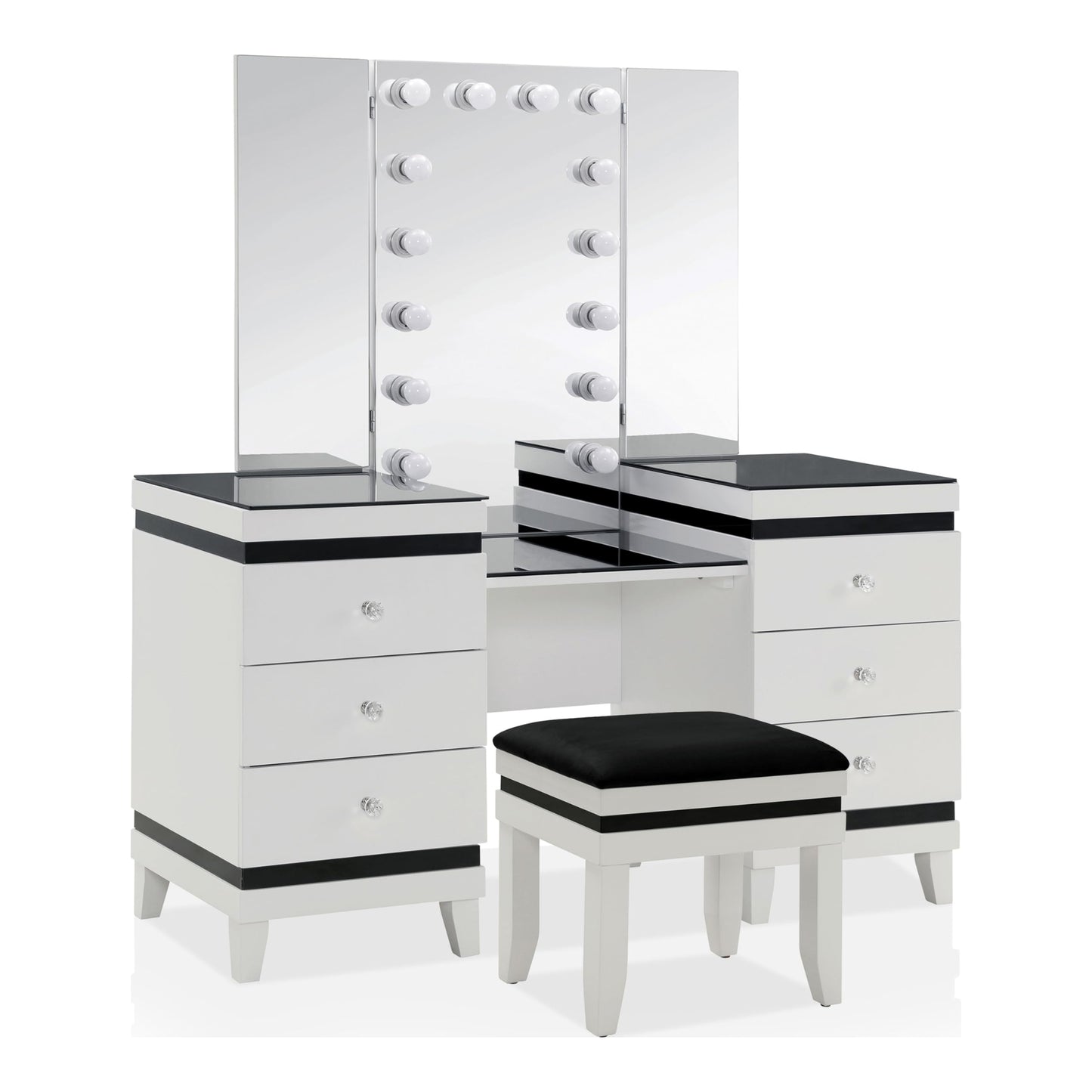 Furniture of America Oleah Solid Wood 3-Piece Vanity Set with Black Padded Stool and Light Bulbs Mirror, Felt-Lined Top Drawer for Bedroom, Guest Room, White