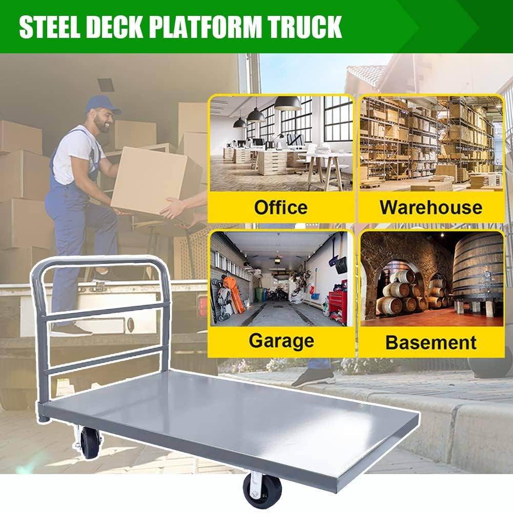 Fworkleft Steel Platform Truck 2000 lb Capacity, 60" x 24" Heavy Duty Flatbed Push Cart with Smooth Deck, Industrial Platform Dolly for Warehouse & Commercial Use