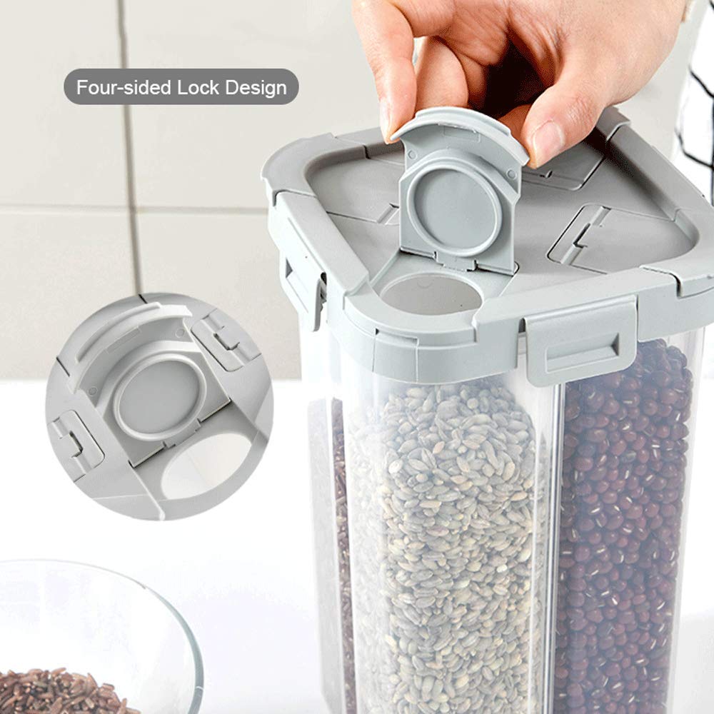 WINIAER Airtight Cereal Storage Container, Clear 2.3L Airtight Kitchen Food Storage Container with Lids and Compartments for Grain, Sugar, Flour, Rice, Nuts, Snacks