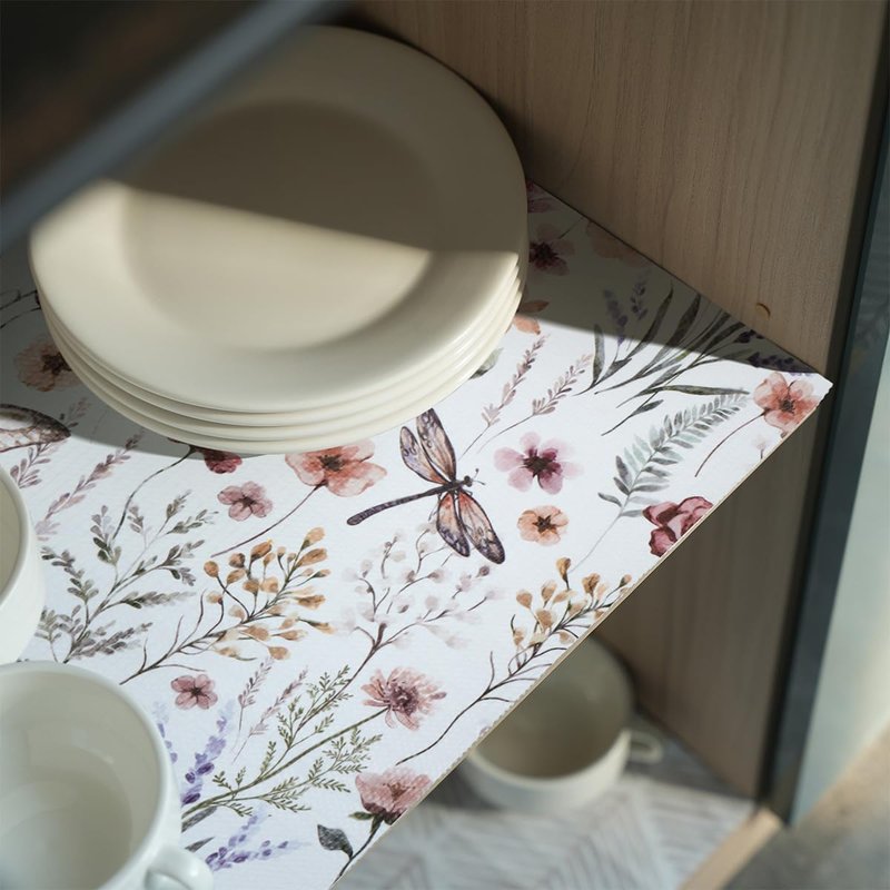 Floral Shelf and Drawer Liner for Kitchen Cabinets,24IN x 10FT Non-Adhesive and Strong Non-Slip Cabinet Drawer Liners for Kitchen Shelf, Waterproof Cupboard Liners,Easy to Clean