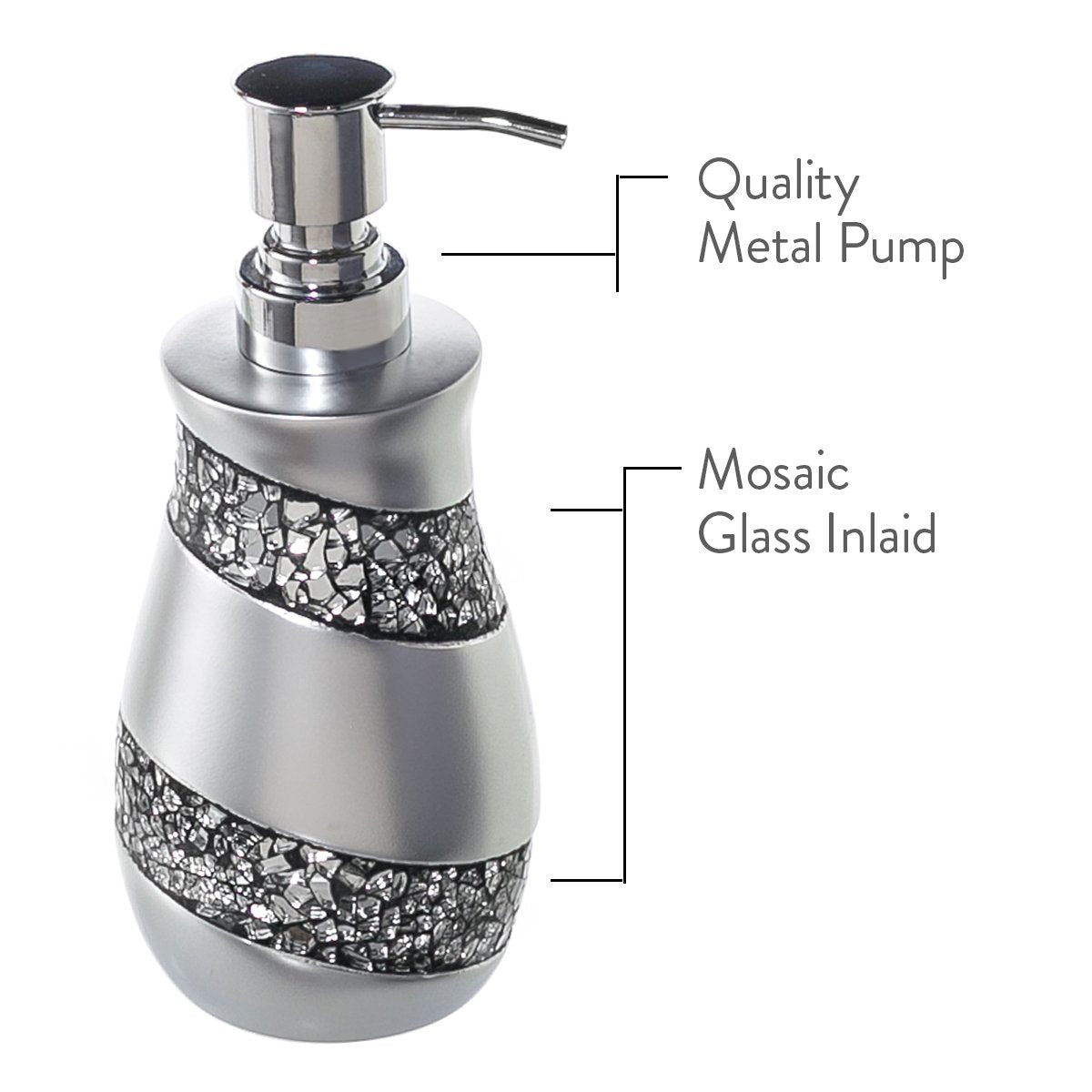 Creative Scents Silver Mosaic Liquid Soap Dispenser For Bathroom - Decorative Lotion Dispenser - Bling Countertop Soap Dispenser For Liquid Soap And Lotion With Durable Metal Pump (Silver-Gray)