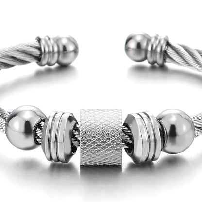 COOLSTEELANDBEYOND Steel Twisted Cable Cuff Bangle Bracelet for Men Women with Beads Charms, Polished Adjustable