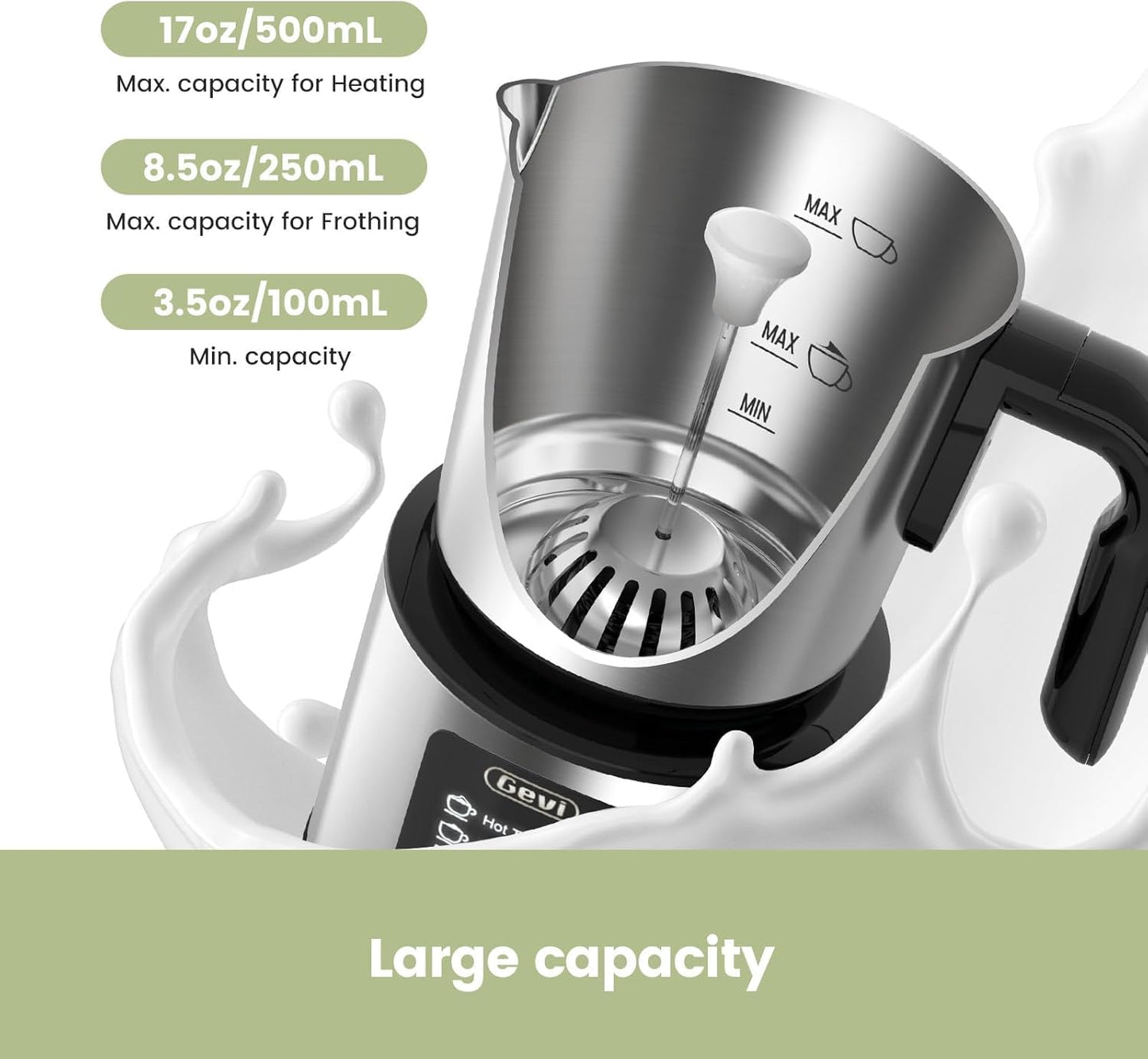 Gevi Milk Frother,5 in 1 Stainless Steel Professional Milk Steamer，Easy to Clean Hot Chocolate Maker,for Hot and Cold Milk Frother for Latte,Macchiato,Cappuccino and Hot Chocolate