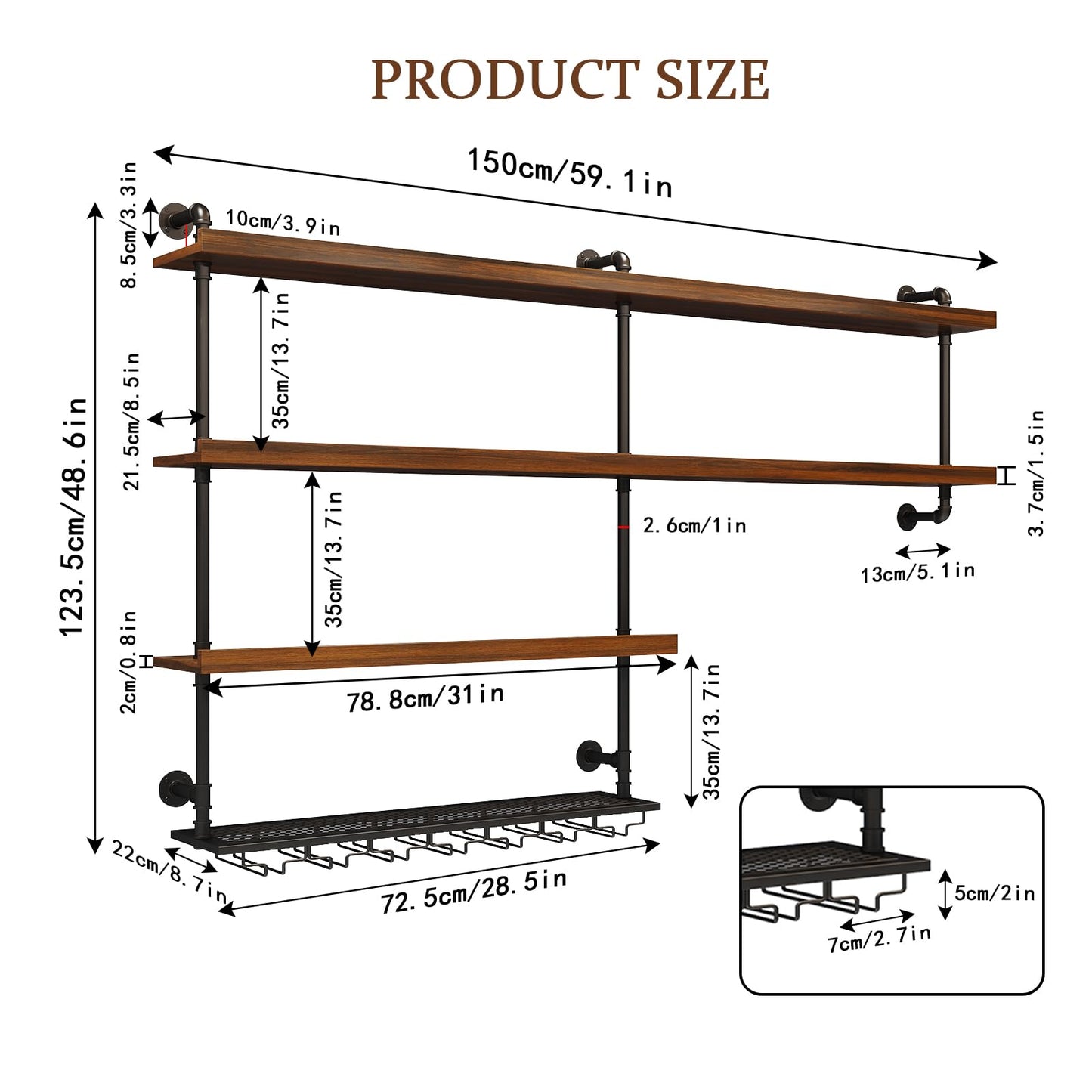 TAUODUYY 59.1in Large Wine Rack with LED Light, 4 Tiers Solid Wood Wall Mounted Wine Rack, Industrial Liquor Bottles Floating Shelves with Glass Holder for Home Bar/Dining Room (59.1in/150cm)