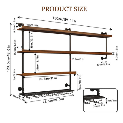 TAUODUYY 59.1in Large Wine Rack with LED Light, 4 Tiers Solid Wood Wall Mounted Wine Rack, Industrial Liquor Bottles Floating Shelves with Glass Holder for Home Bar/Dining Room (59.1in/150cm)