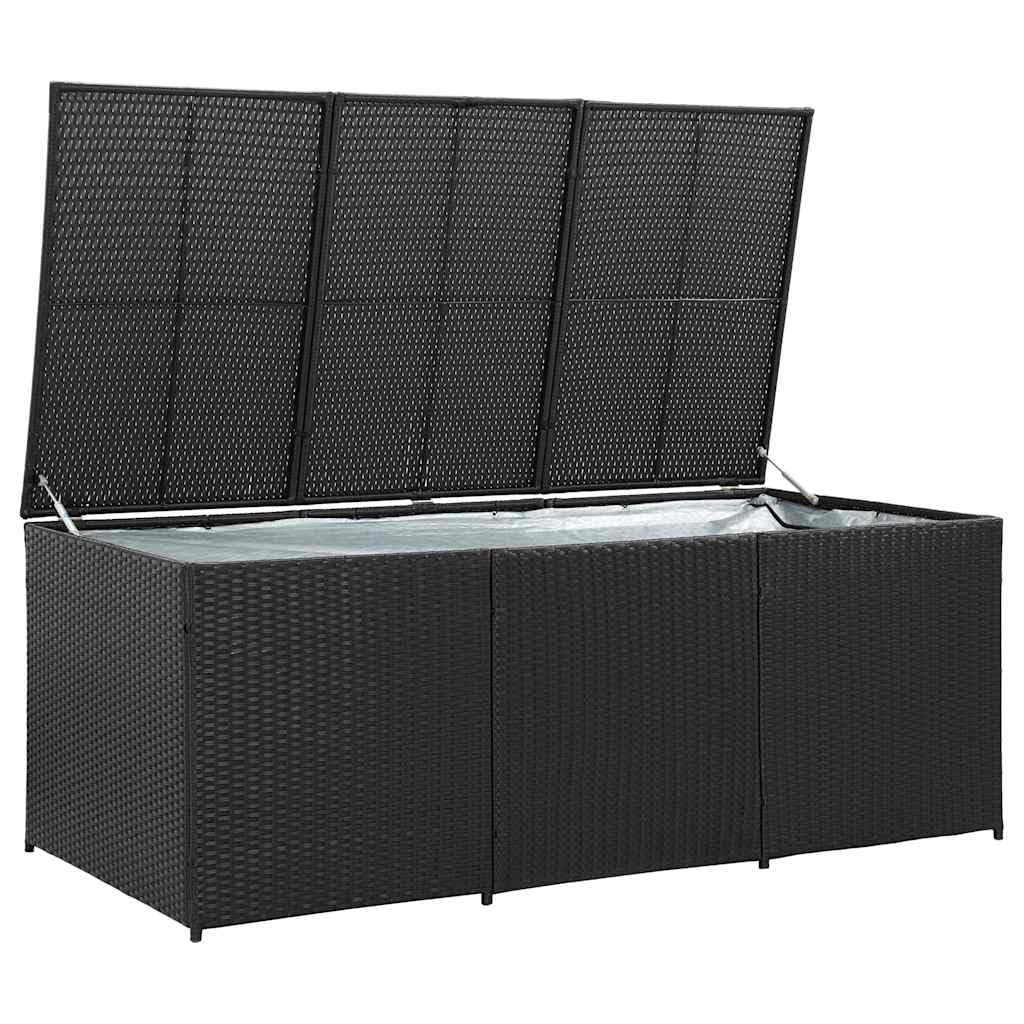Kalmrek Poly Rattan Patio Storage Box with Gas Lift 70.9"x35.4"x27.6" Black, Weatherproof Outdoor Deck, Garden Bench Chest Organizer for Cushions, Tools, Toys, Firewood