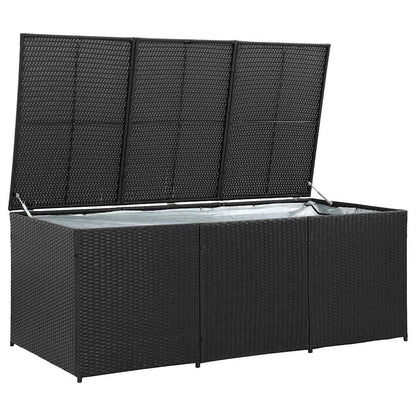 Kalmrek Poly Rattan Patio Storage Box with Gas Lift 70.9"x35.4"x27.6" Black, Weatherproof Outdoor Deck, Garden Bench Chest Organizer for Cushions, Tools, Toys, Firewood