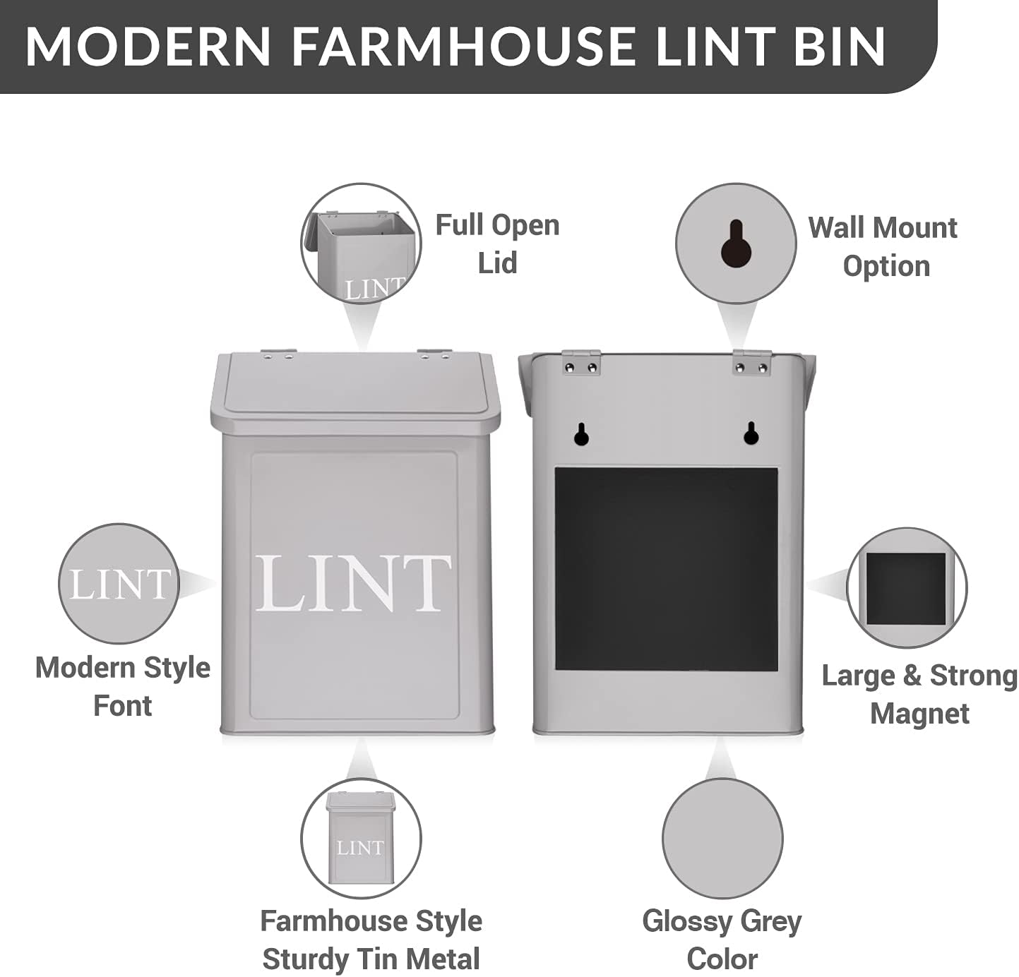 Calindiana Modern Farmhouse Metal Magnetic Lint Bin for Laundry Room Decor with Lid, Wall Mount Space Saving Trash Can,