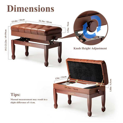 FILISITE Genuine Leather Duet Piano Bench with Storage,Adjustable Heavy Duty Wooden Double Keyboard Seat XHJ-11G(Brown)