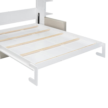Merax Queen Size Murphy with Sofa and Shelves for Bedroom or Guestroom Wall Bed Space Saving Hidden Bed,No Need Fix to The Wall,Gray