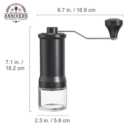 ANNIVERS Manual Coffee Grinder Hand Coffee Bean Grinder Burr Grinder, Adjustable Coarseness Ceramic Burr Glass Jar Stainless Steel Crank Brush, for Espresso French Press Drip, Moulin à Café Manuel
