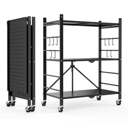 Himix Storage Shelves with Hooks, No Assembly Metal Folding Shelf on Wheels for Kitchen