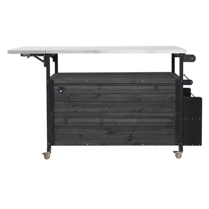 Outdoor Kitchen Island Cart with Foldable Stainless Steel Top, Rolling Grill Table with Adjustable Shelf Storage Spice Rack and Towel Holder, Wooden BBQ Prep Station with Lockable Wheels, Black