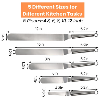 Hacaroa Set of 5 Angled Icing Spatula with 3 Cake Scraper, Offset Spatula with 4, 6, 8, 10, 12 Inch Blades Stainless Steel for Cake Frosting, Decorating, Baking, Ergonomic Handle, 5 Sizes