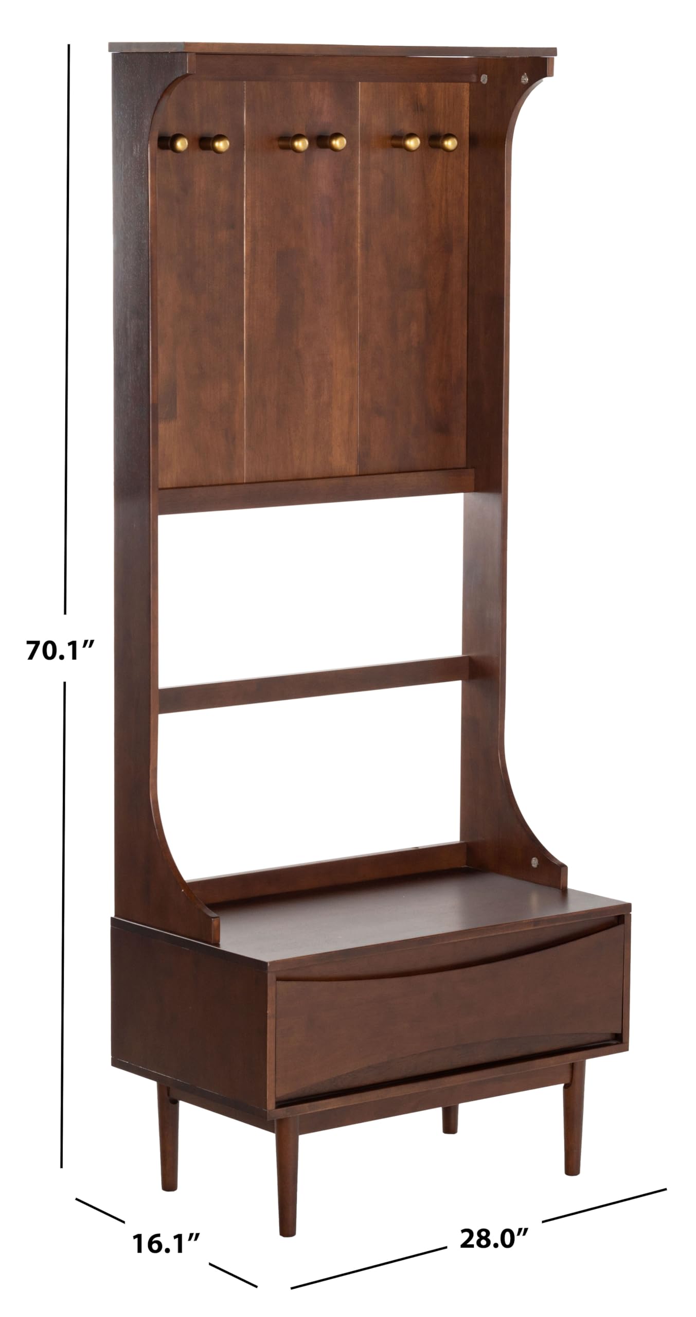 SAFAVIEH Couture Collection - Pitta Walnut & Gold Wood Hall Tree with Drawer and Coat Hooks, Entryway Storage Organizer (SFV4224A)