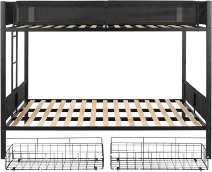 DNYN Queen Over Queen Bunk Bed with Drawers for Kids Bedroom,Space Saving Metal Bedframe w/Ladder & Safety Rails,Easy Assembly & No Box Spring Needed,for Dorm,Guest Room, Black