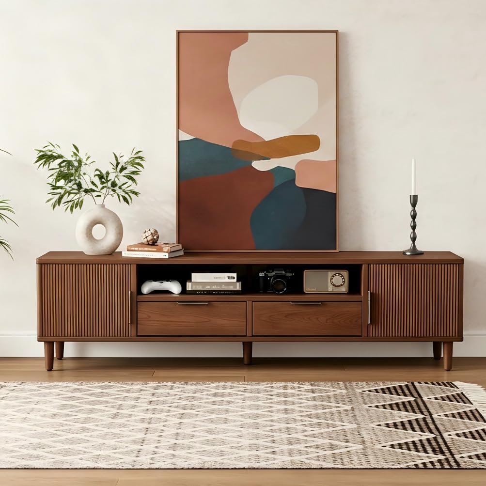 CycleCrew Mid Century Modern TV Stand for TVs Up to 70 in- Wooden Fluted Entertainment Center Low Profile TV Console with 2 Cabinet, Drawers and Shelf, Media Console for Living Room