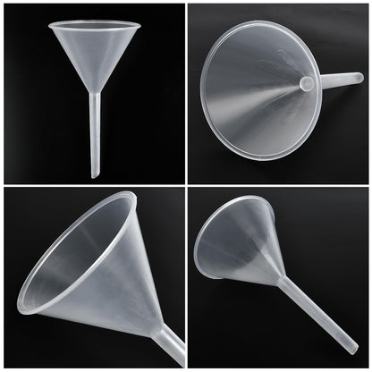 Elesunory 25Pcs 3.5 Inch Plastic Funnels, Wide Mouth Funnels for Kitchen Use Filling Bottles, Versatile Large Funnel with Long Reaching Spout for Oil, Perfume, Spices